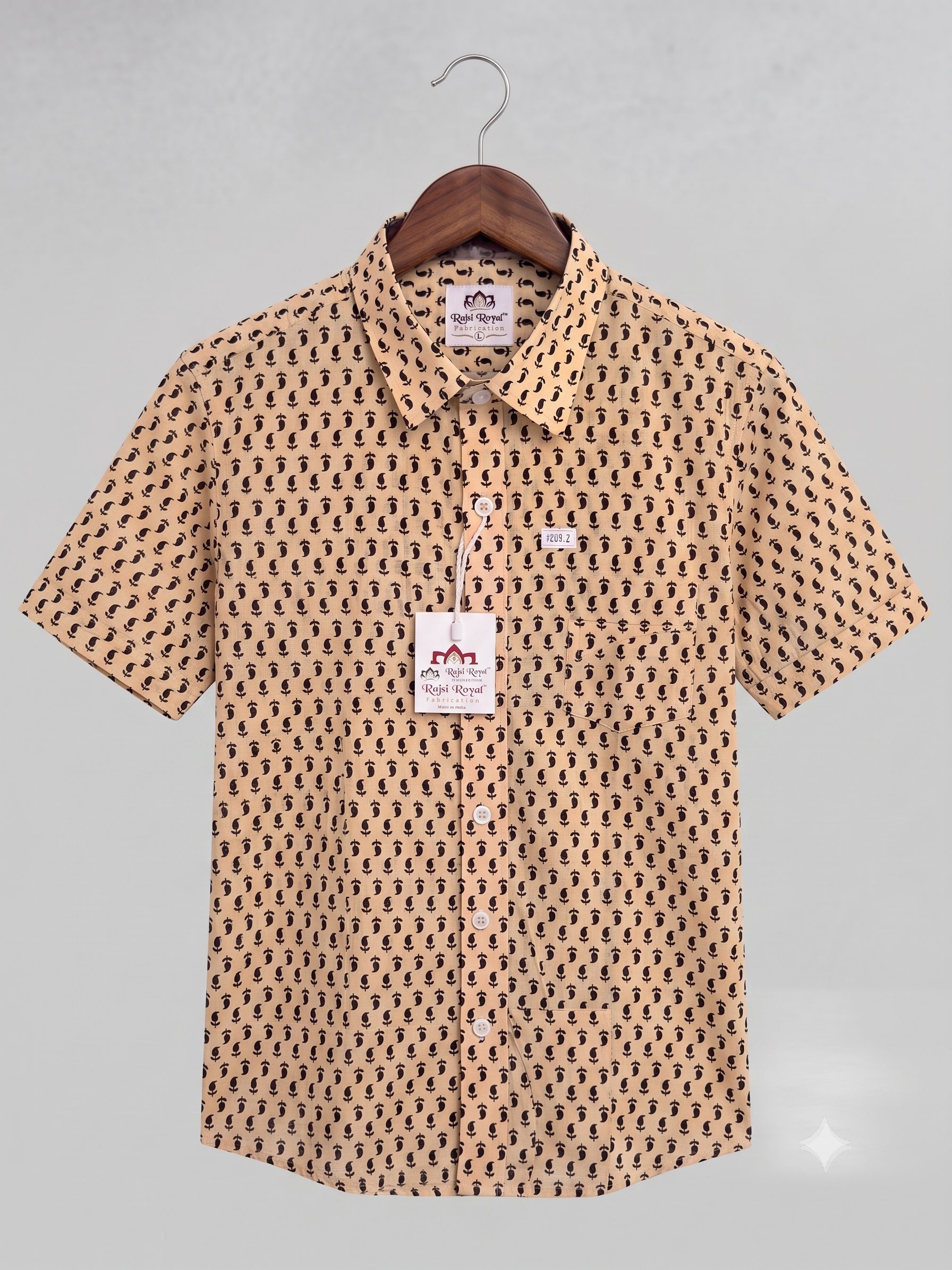 Traditional black paisley block-print motif.