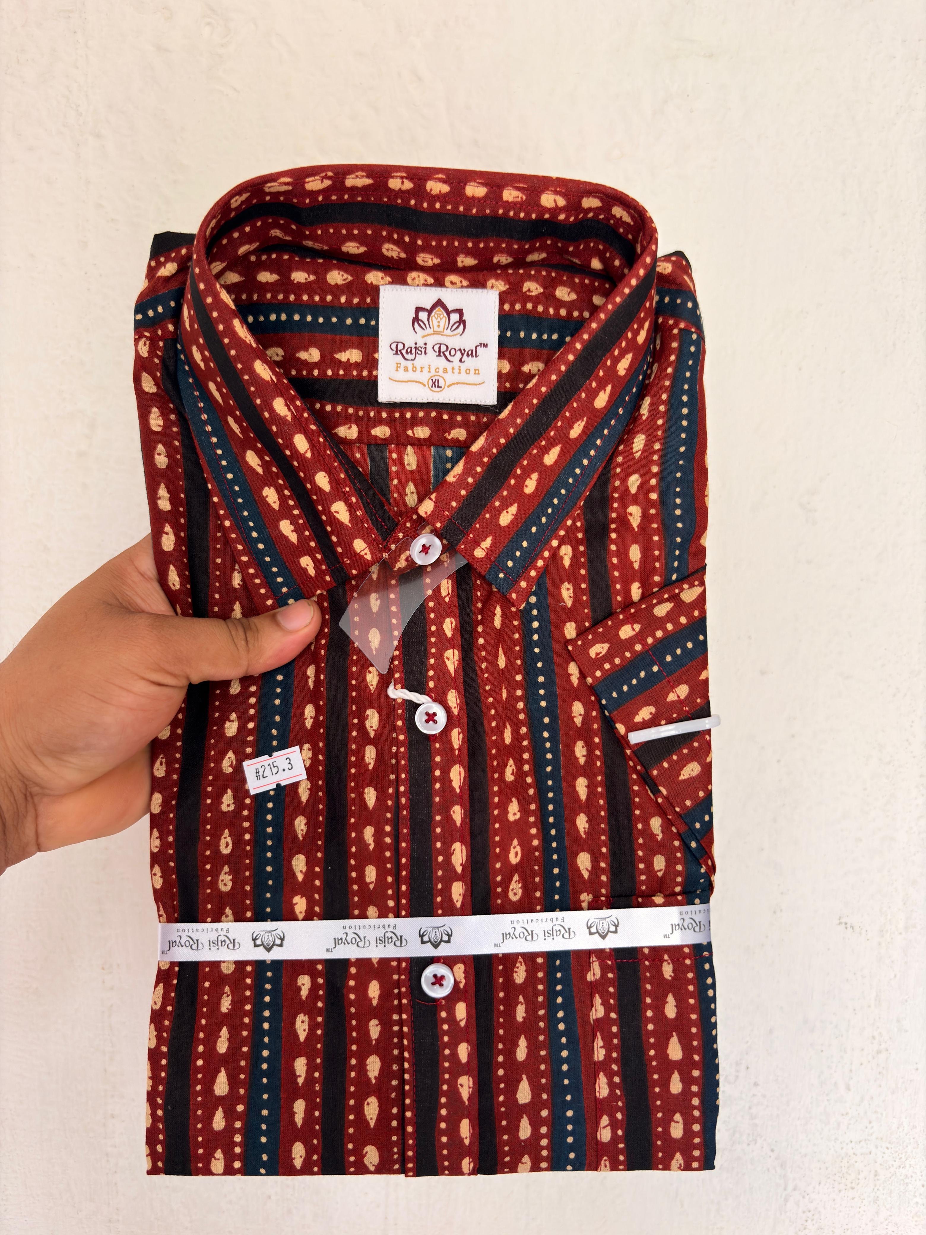 Striped Ethnic Block Print Half Sleeve Casual Shirt - Maroon/Multicolor 2