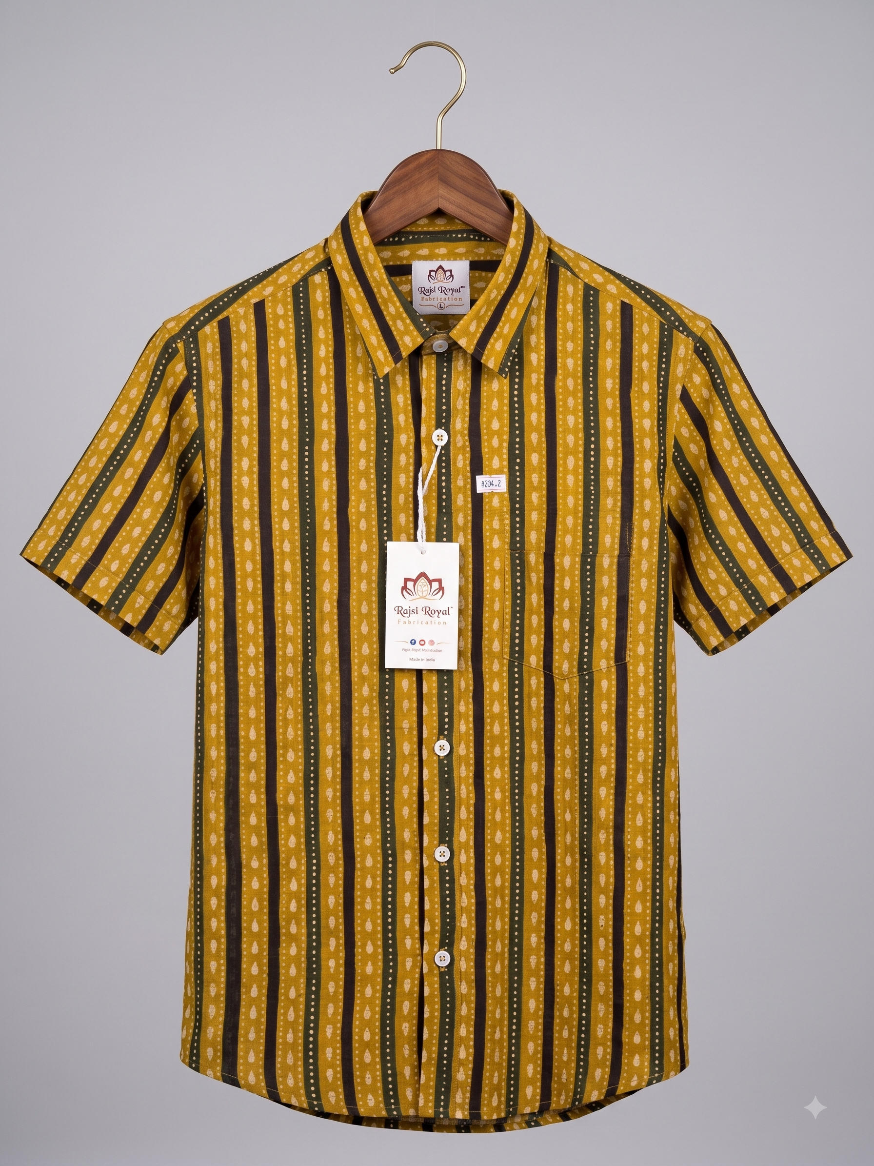 Men's Earthy Mustard & Olive Striped Block Print Casual Shirt