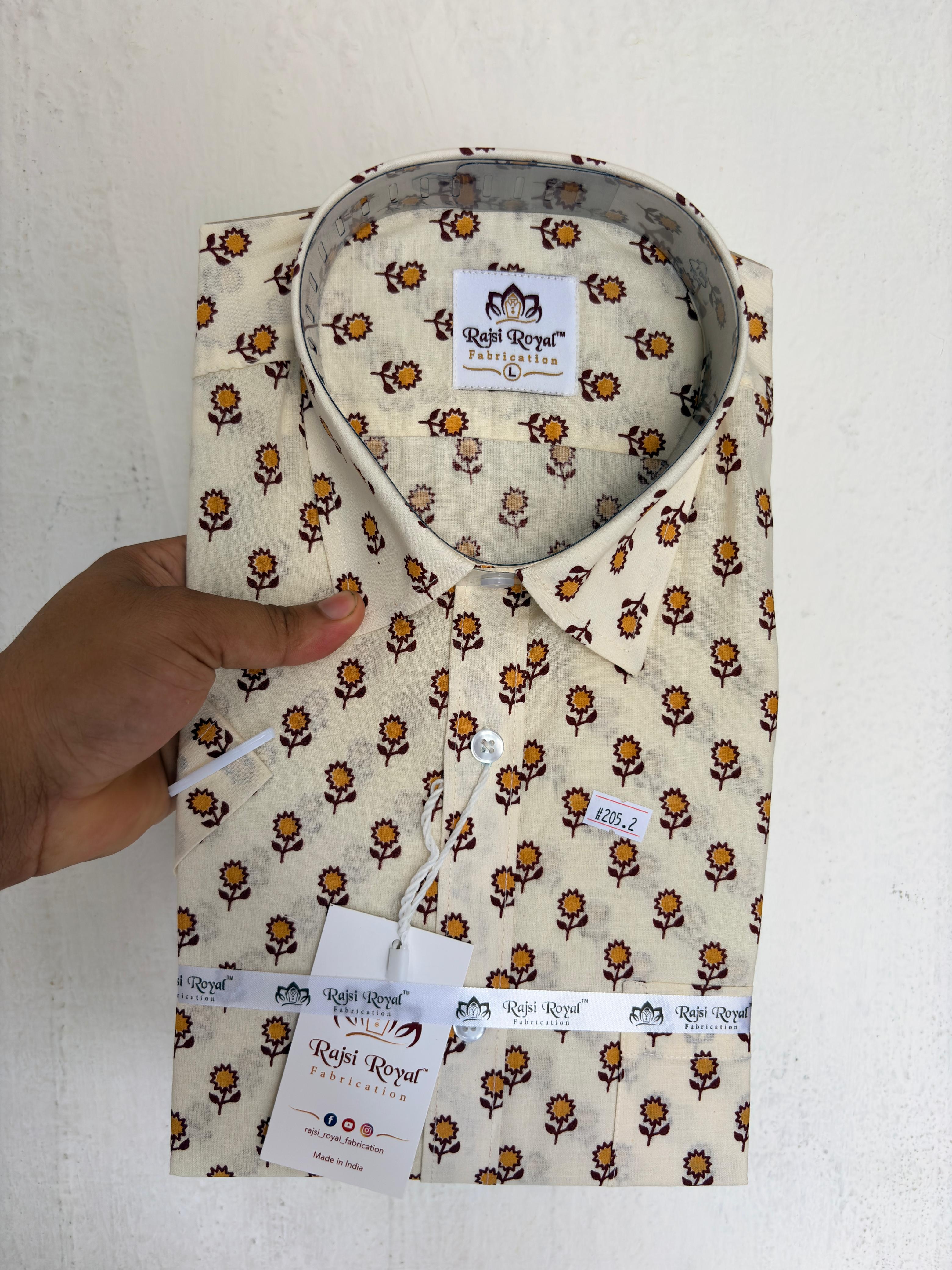 Vintage Floral Booti Print Half-Sleeve Cotton Shirt - Off-White & Yellow 2