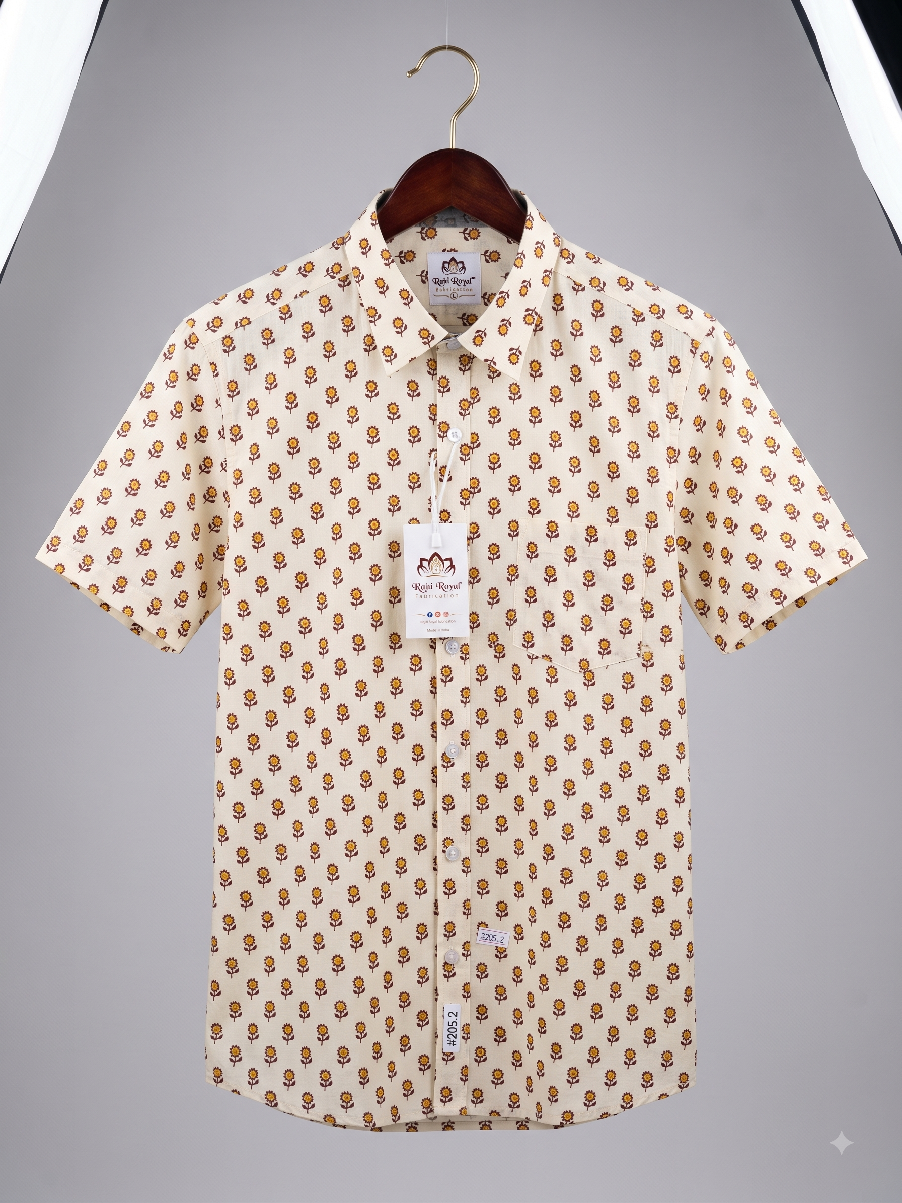Vintage Floral Booti Print Half-Sleeve Cotton Shirt - Off-White & Yellow