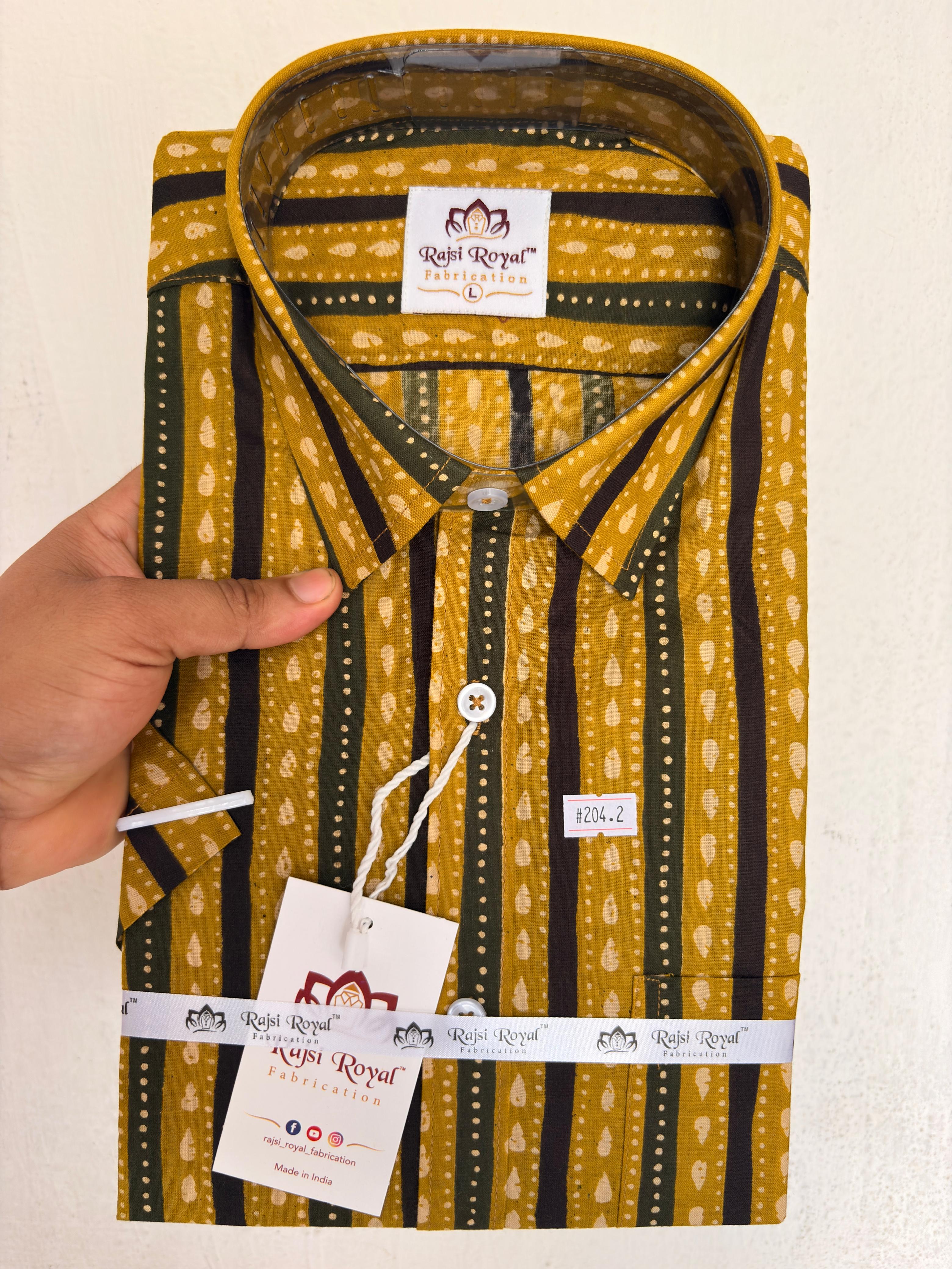 Men's Earthy Mustard & Olive Striped Block Print Casual Shirt 2